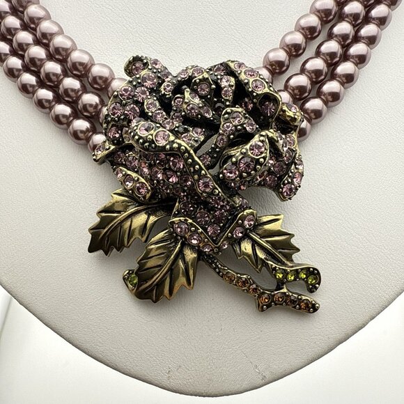 Heidi Daus Necklace Purple Blooming Rose Crystal Pearl Flower Triple Strand - Picture 3 of 13